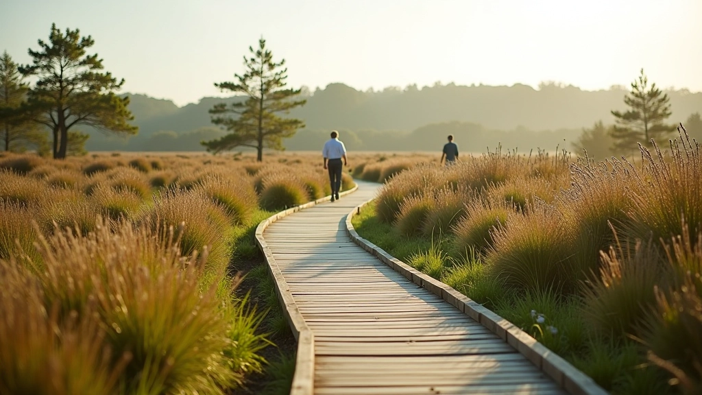 Accessible boardwalk path winding through wetland landscape, gentle terrain suitable for all abilities, natural bogland scenery