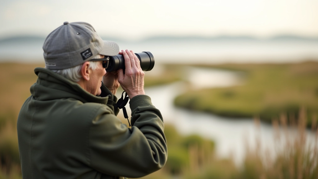 Bird watcher with binoculars observing wildlife in natural wetland habitat