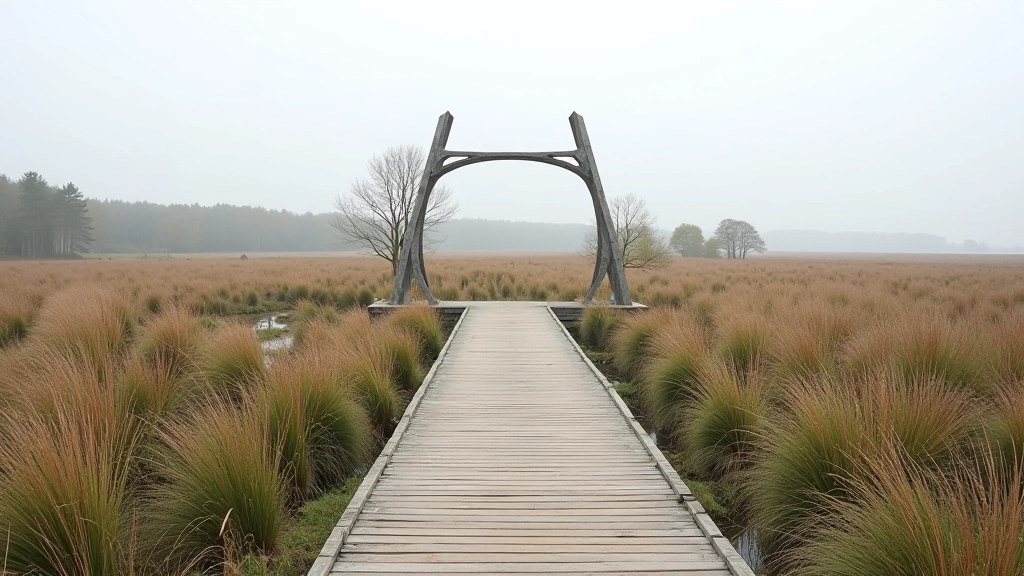 Contemporary art sculpture installation on wooden boardwalk surrounded by bogland landscape