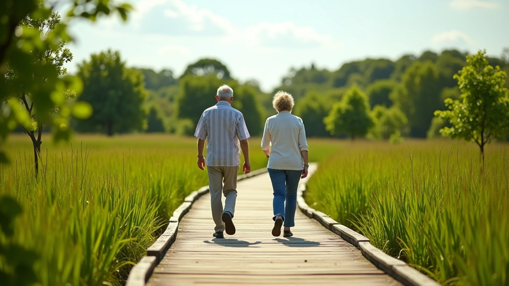 Elderly couple walking on wooden boardwalk through lush green wetland at Lough Boora, sunny day with clear sky
