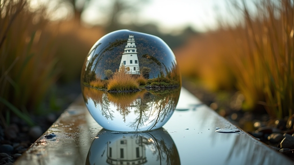 Glass art installation reflecting bog landscape and sky with autumn lighting