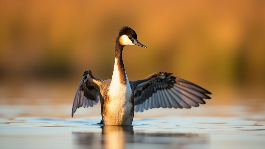 Great Crested Grebe displaying colorful plumage and distinctive crest on calm water, spring wetland with bright green vegetation emerging, natural habitat photography