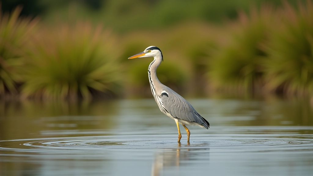Grey heron wading in shallow water with wetland vegetation in background at Lough Boora