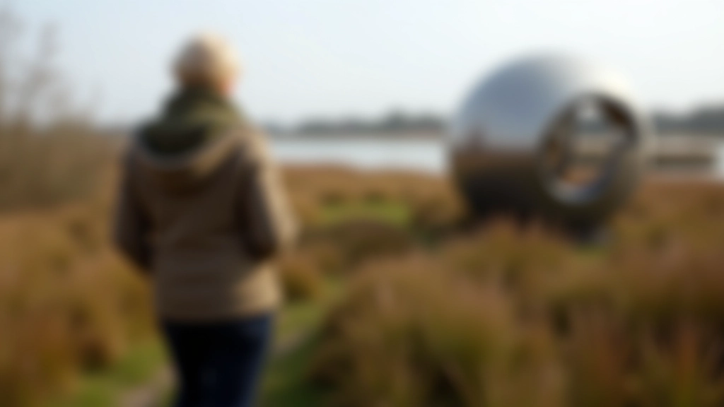 Visitor walking past steel framework sculpture with bog landscape visible through structure
