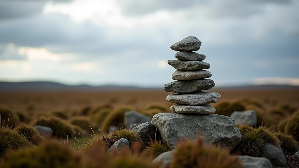 Stone cairn art installation against dramatic cloudy sky and bog landscape