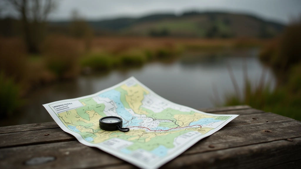 Colorful waterproof map and compass resting on wooden bench overlooking wetland landscape at Lough Boora