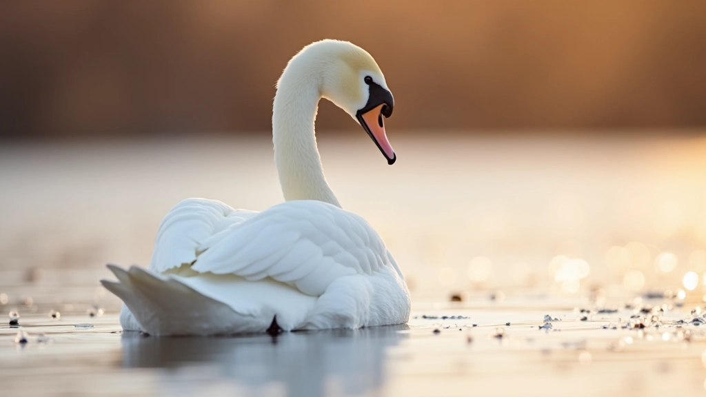Whooper Swan with distinctive yellow and black head markings, swimming on calm winter water, frost on surrounding vegetation, cool season wetland landscape