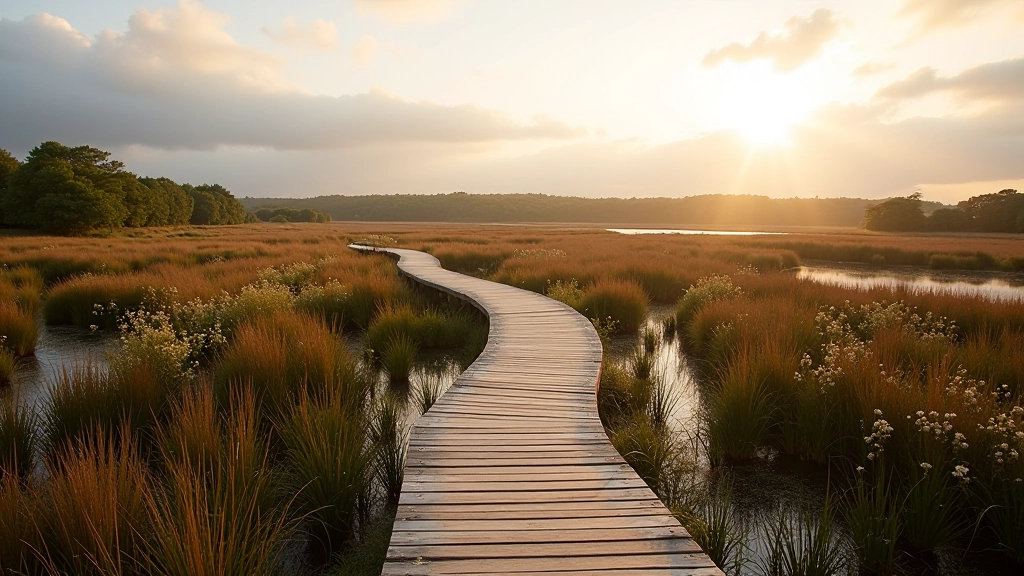 Peaceful boardwalk pathway through wetland vegetation at Lough Boora